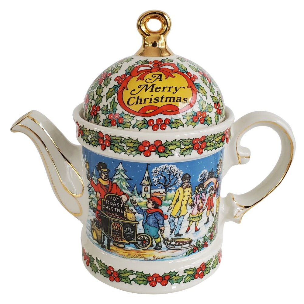 Vintage 1994 Sadler England Teapot A Merry Christmas Holiday Art Pottery #4592